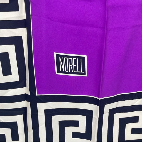 Norman Norell Wide Greek Key Silk Scarf purple black white geometric  34x33.5” - Picture 2 of 7